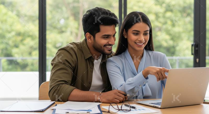 A young Indian couple sits together at a desk, smiling and colla