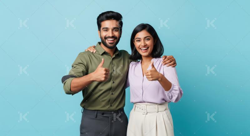 Young happy couple showing thumps up