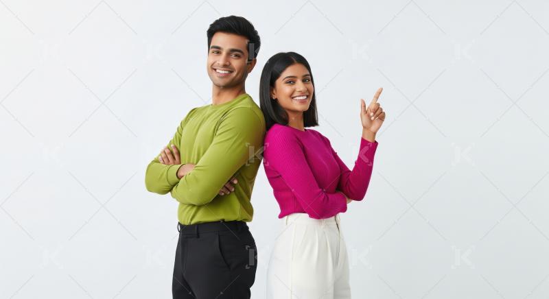 A young Indian man and woman stand back to back, smiling confide