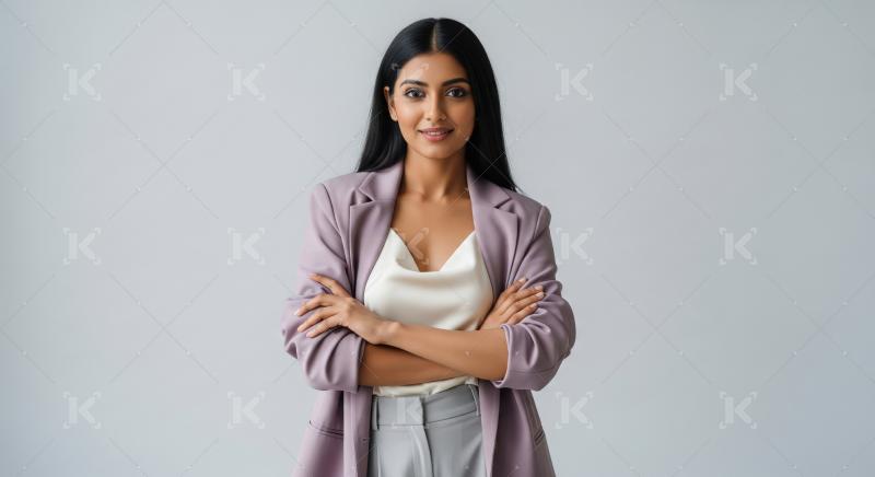 A confident Indian woman in a light purple blazer and formal att