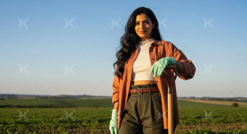 A young Indian woman with long hair stands confidently in a sunn