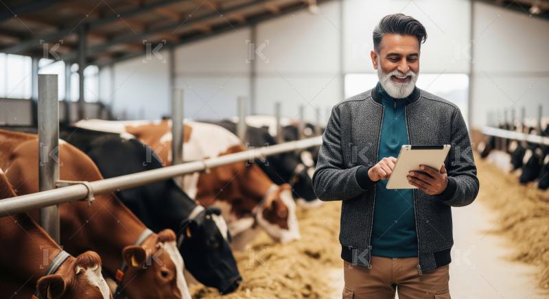 A middle-aged Indian man uses a digital tablet to monitor dairy
