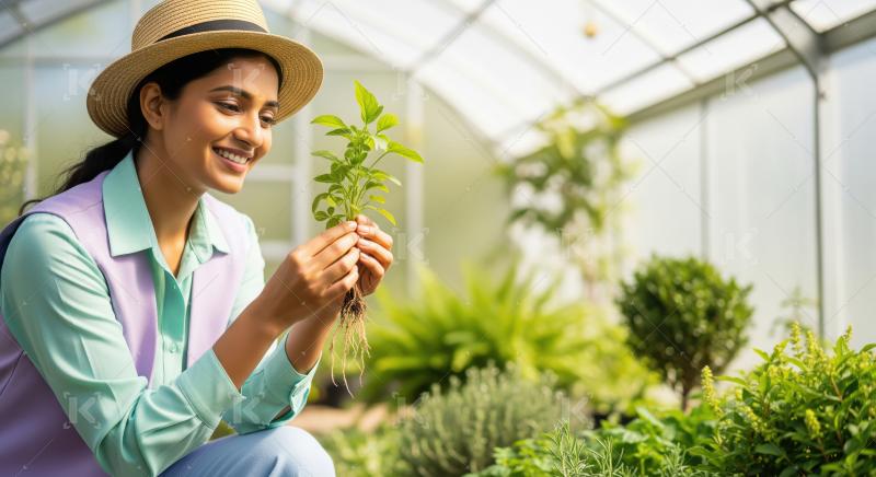 A smiling young woman in a hat joyfully examines a healthy green