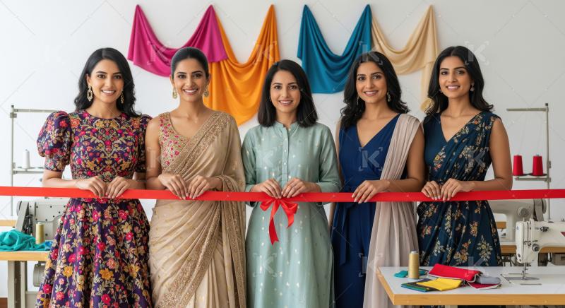 Five confident Indian women stand together at a ribbon-cutting c