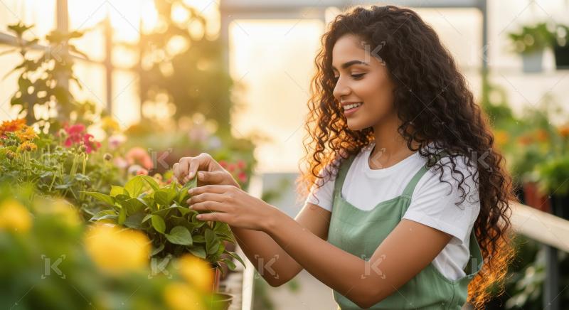 A young Indian woman with curly hair and an apron carefully tend
