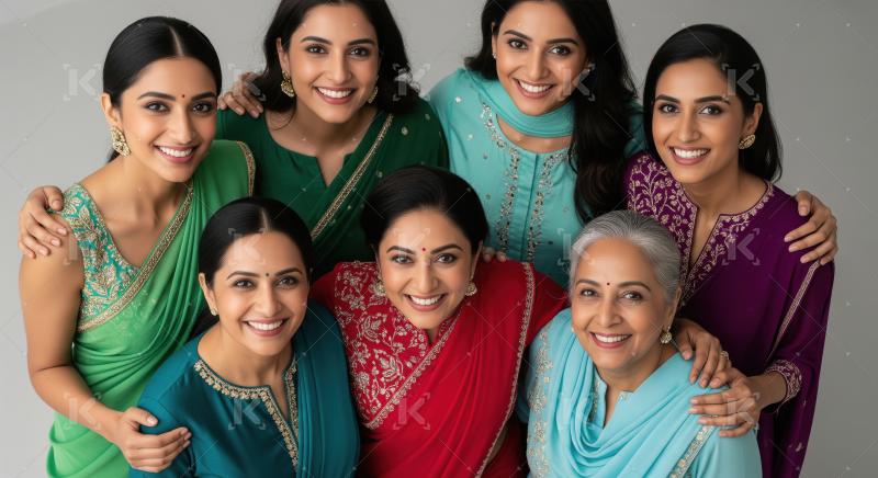 A group of joyful Indian women of diverse ages dressed in vibran