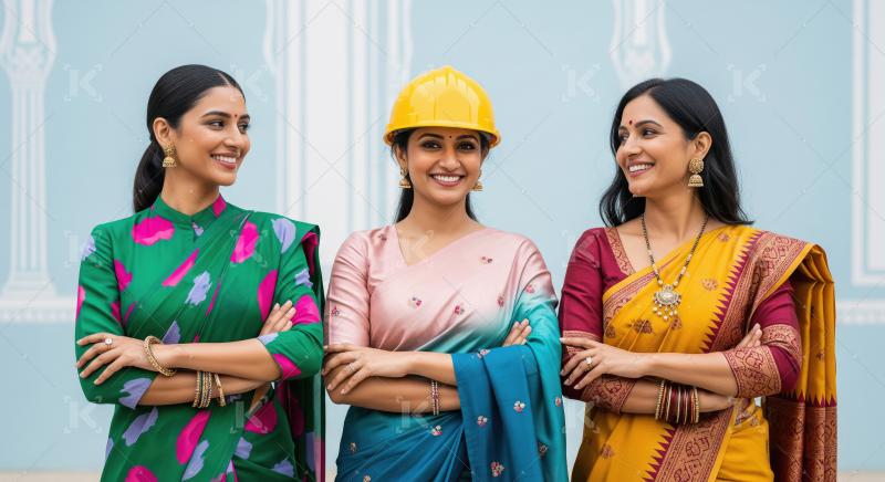 Three confident Indian women in vibrant sarees, one wearing a co