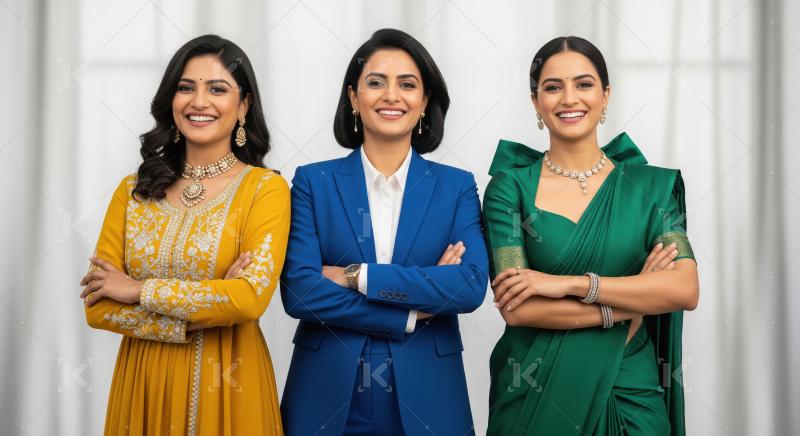 Three confident Indian women stand together, one in a business s