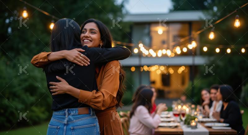Two beautiful Indian women share a warm embrace at an outdoor ev