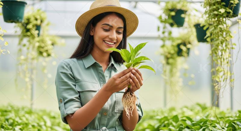 A young Indian woman in a straw hat and utility dress stands in