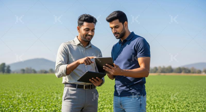 Two men use a tablet while discussing advanced farming technolog