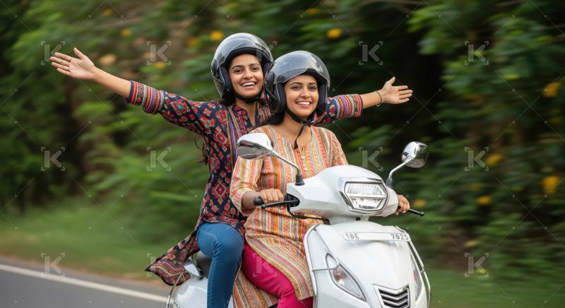 Two joyful young Indian women ride a white scooter together on a