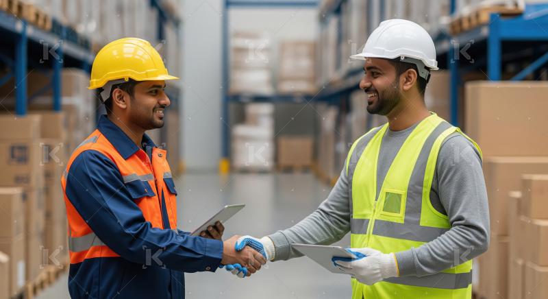 Two warehouse workers in safety gear shake hands and use tablets