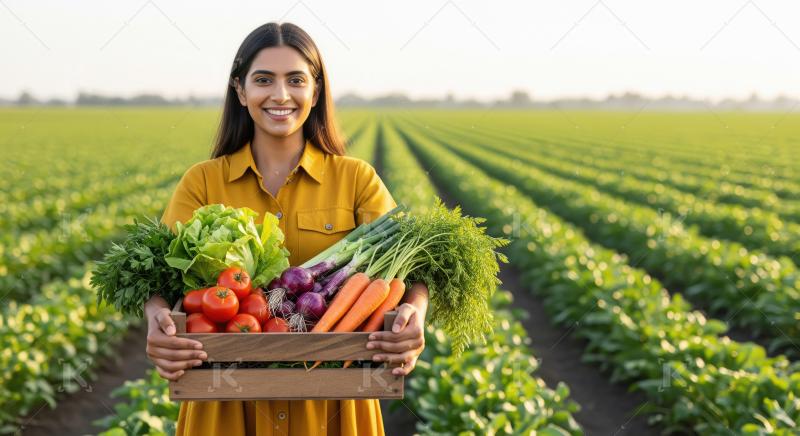 A radiant young Indian woman farmer smiles in a sunlit vegetable