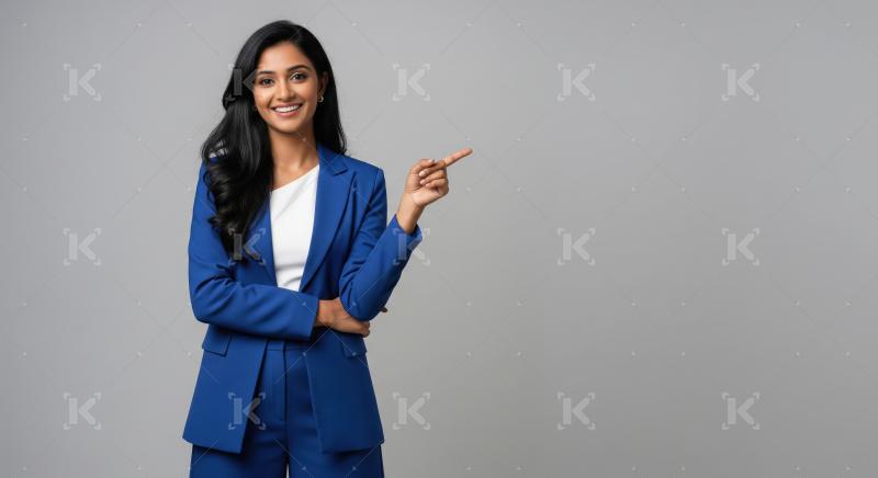 Indian woman confidently points to the side while standing again