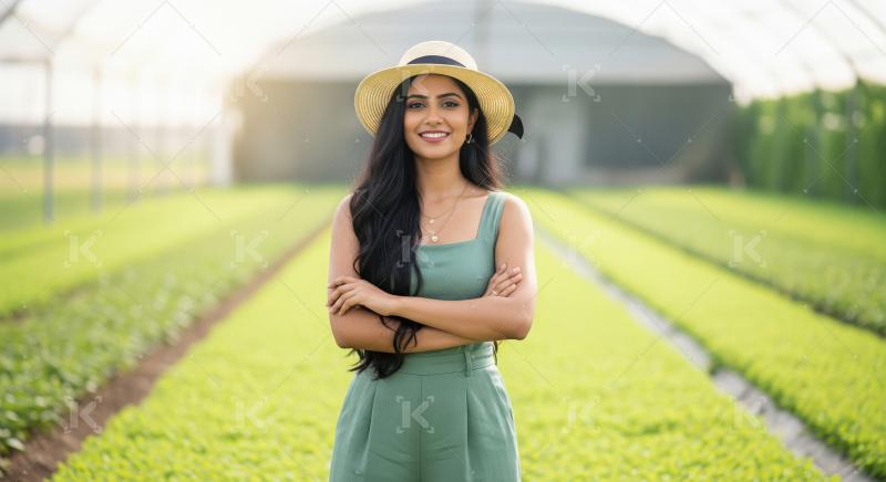 A confident young Indian woman in a green outfit and sunhat stan