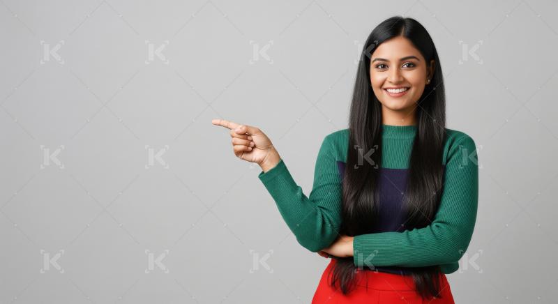 Indian woman confidently points to the side while standing again