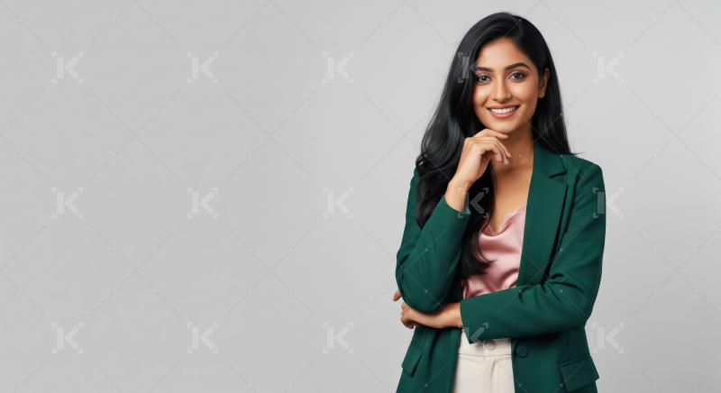 A confident young Indian businesswoman in a green blazer and pin