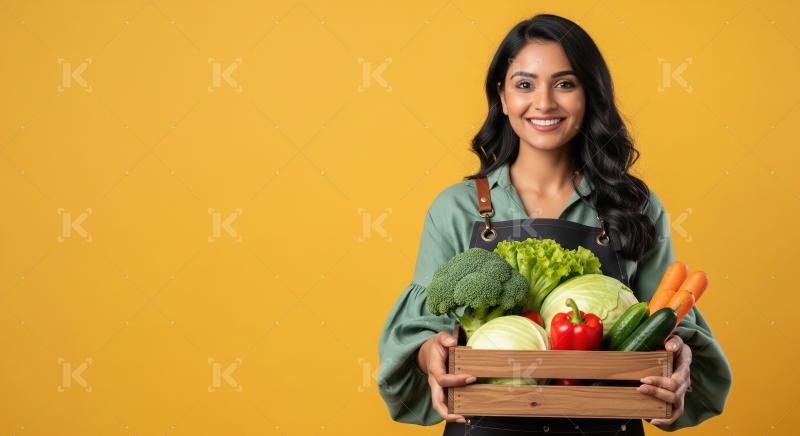 An Indian woman in a green apron holds a wooden basket filled wi