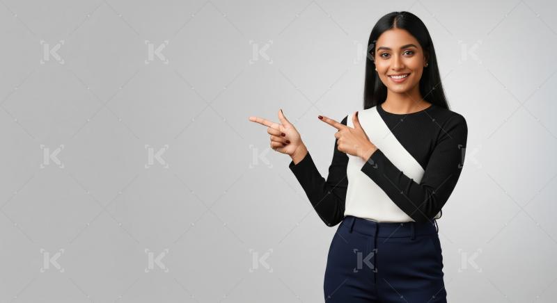 Indian woman confidently points to the side while standing again