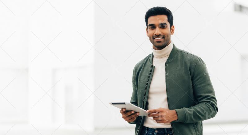 Stylish young Indian man in a green jacket and turtleneck stands