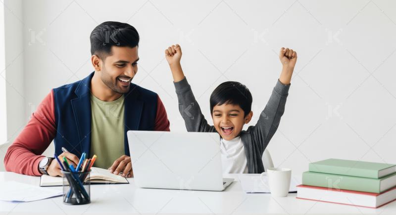 Indian father helps his son with studies on a laptop, as the boy