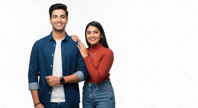 A cheerful young Indian couple stands side by side in casual mod