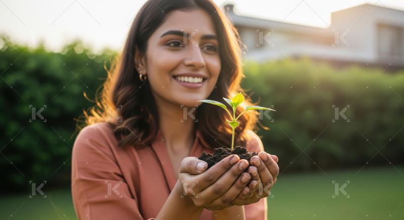 A young Indian woman gently holds a fresh green sprout in soil,