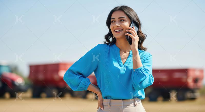 A radiant Indian woman speaking on her mobile phone outdoors, wi