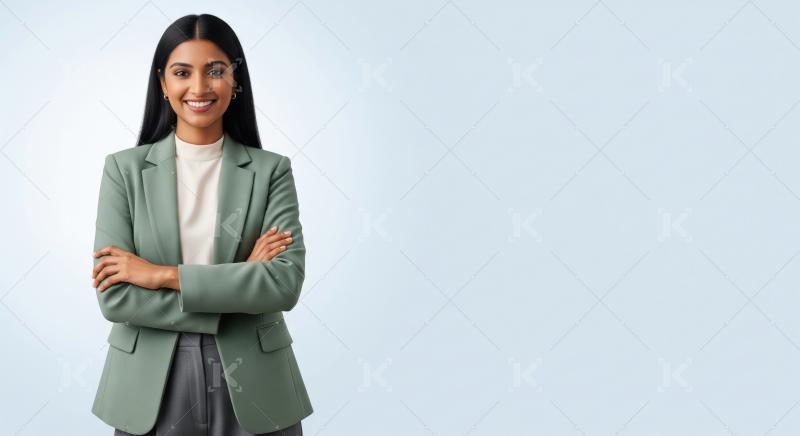 A confident and professional Indian woman in a mint green blazer
