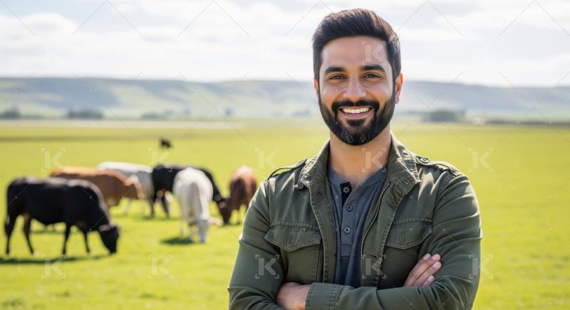 A confident, smiling Indian man in a field with grazing cows sta
