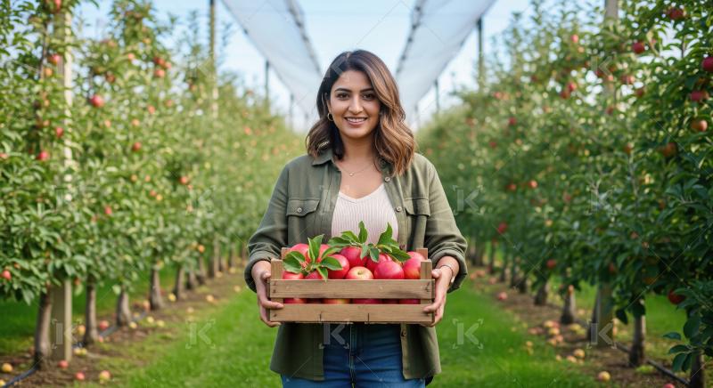 A beautiful Indian woman in casual attire stands in a vibrant ap