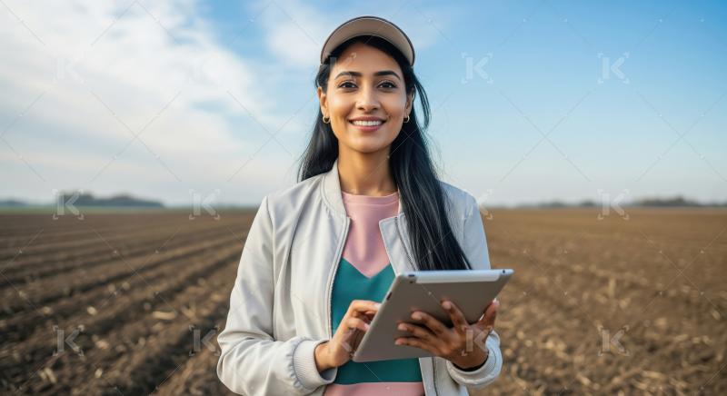 A confident young woman stands in a cultivated field using a tab