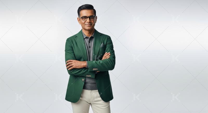 A distinguished mature Indian man in a green blazer stands confi