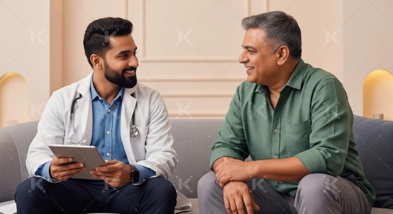 Indian doctor with a stethoscope consults a mature male patient