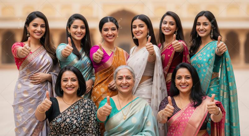 Eight radiant Indian women of various ages dressed in vibrant sa