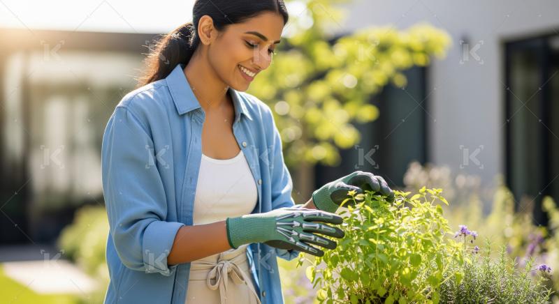 A beautiful Indian woman wearing garden gloves tends to fresh he