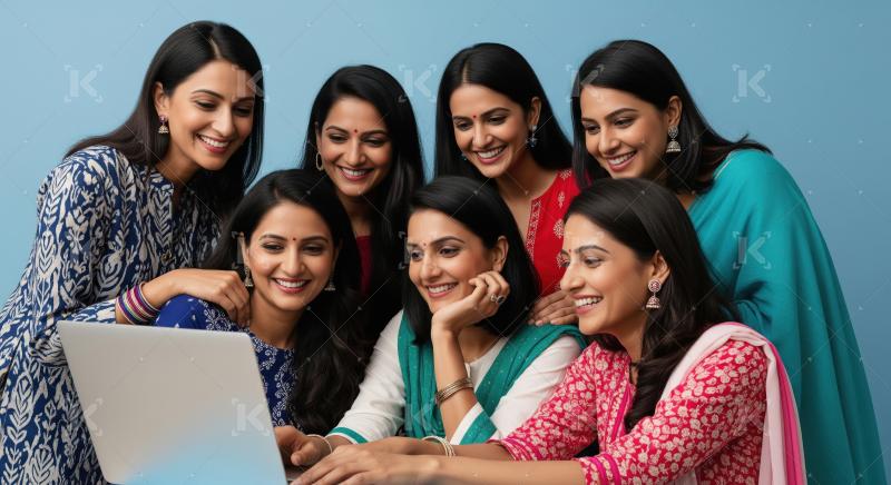 A group of six young Indian women in colorful traditional attire