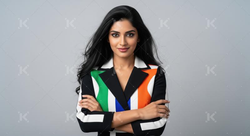 Confident Indian woman stands with folded arms in a bold striped