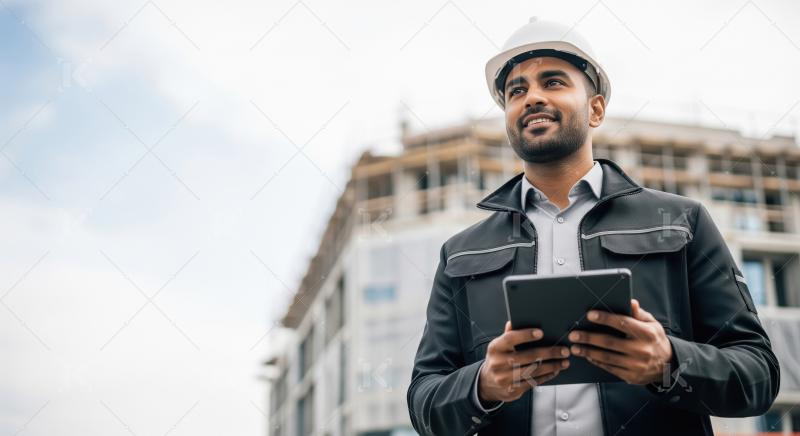 Indian construction engineer in a safety helmet stands confident