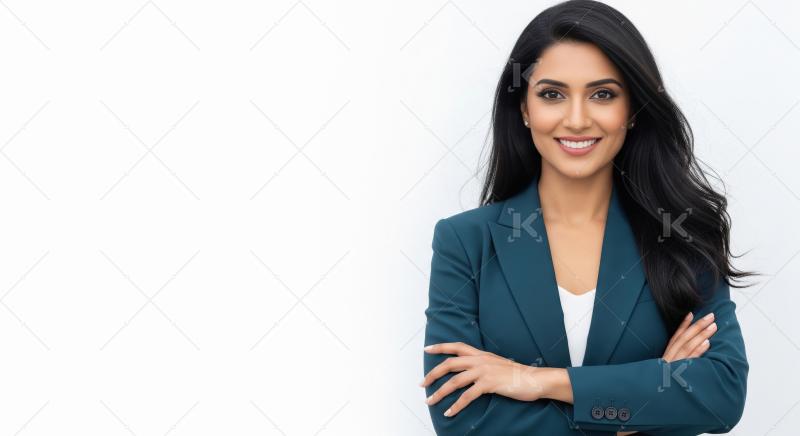 A beautiful Indian woman in a teal blazer stands confidently wit