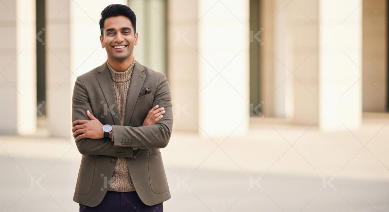A handsome, confident Indian man stands outdoors arms crossed, p