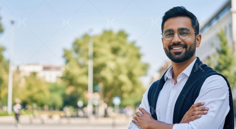 A handsome, confident Indian man stands outdoors arms crossed, p