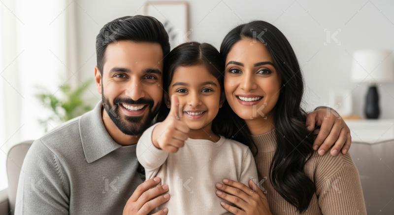 Happy Indian Family Smiling Together, Daughter Gives Thumbs-Up