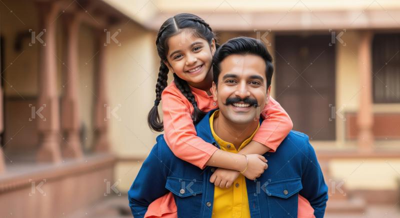 Indian Father Piggybacking Daughter, Joyful Family Moment