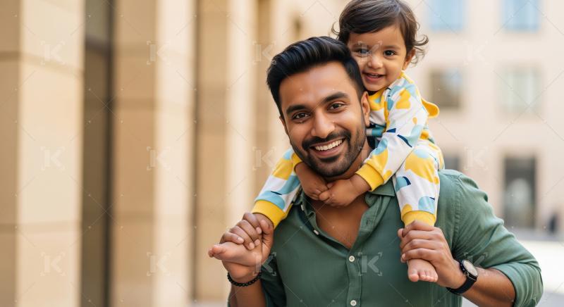 Happy Indian father giving piggyback ride to his smiling baby