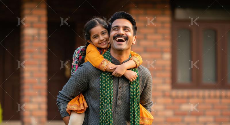 Happy Indian Father and Daughter Share Joyful Piggyback Ride Out