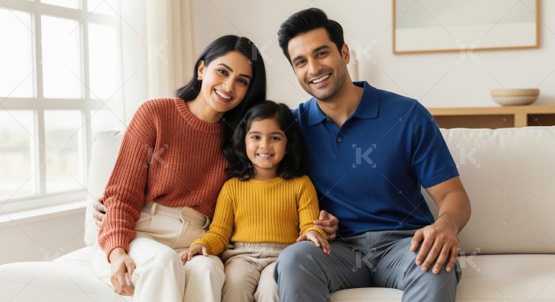 Happy Indian Family Smiling Together on Sofa in Bright Living Ro