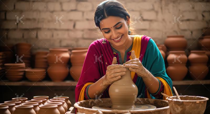 Joyful Artisan Woman Shaping Pottery in Traditional Workshop