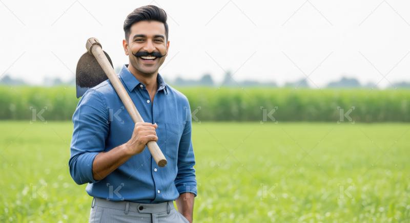 Happy Indian Farmer with Hoe Smiling in Green Field